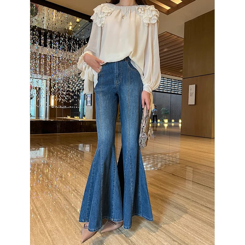 Linyei Summer New Vintage Deep Blue Fashion High-End Feeling Design Flared Fish Tail Jeans Women Casual High Waist Cotton Zipper