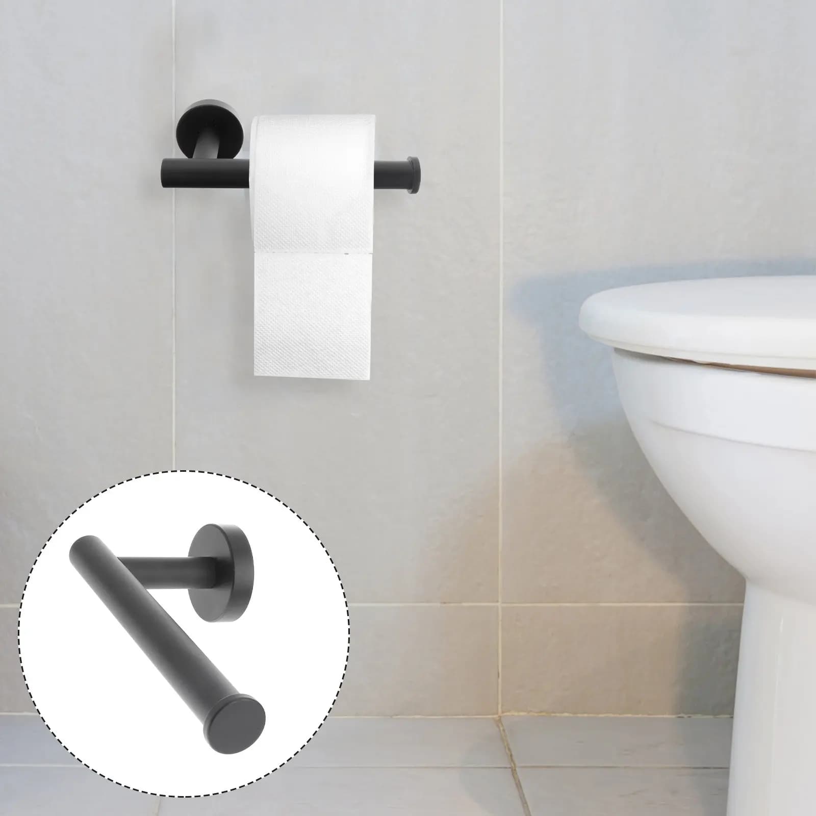 Set di 1 porta rotolo di carta igienica in acciaio inossidabile nero opaco, da parete, per bagno e soggiorno.