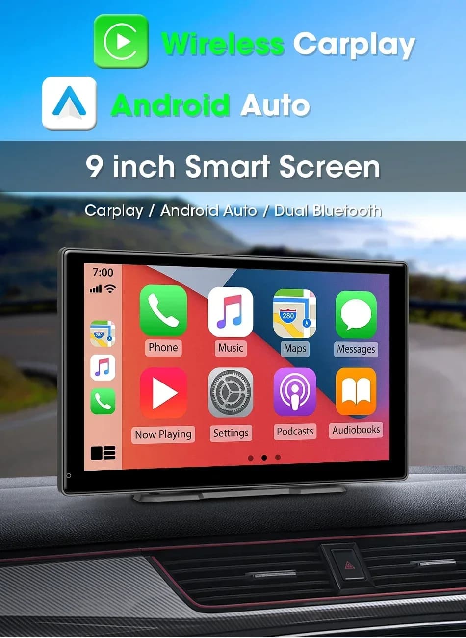 9 inch touch screen monitor 2K/1440P + 1080P Wireless Carplay Android Auto Dash Cam compatible with Bluetooth Built-in speaker