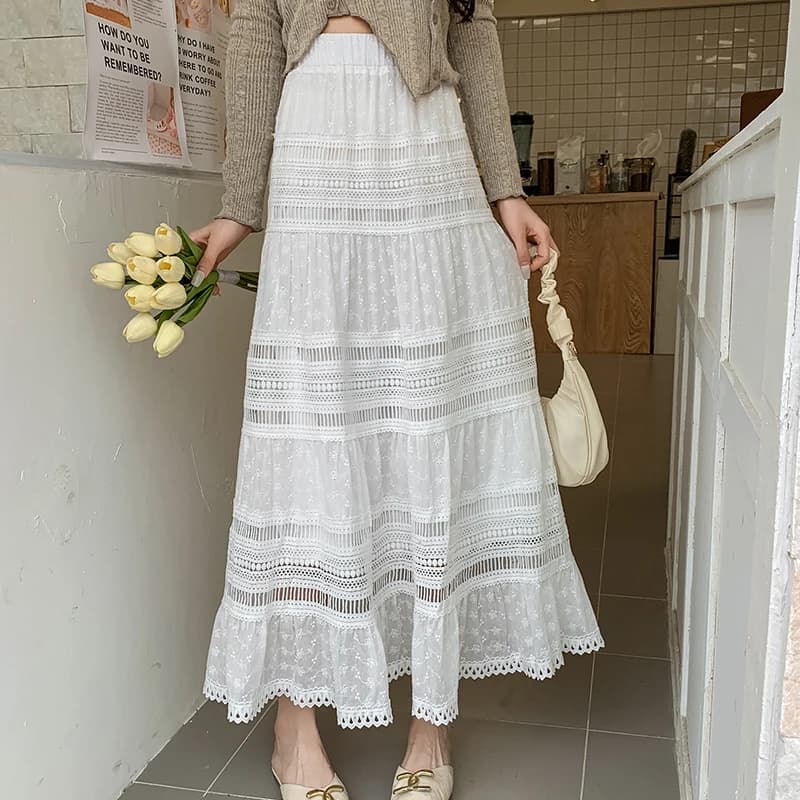 Summer Casual Hollow Out Fashion Elasitc Waist White Skirts with Liner A-Line High Waist Embroidery Long Skirts Maxi Saias Mujer