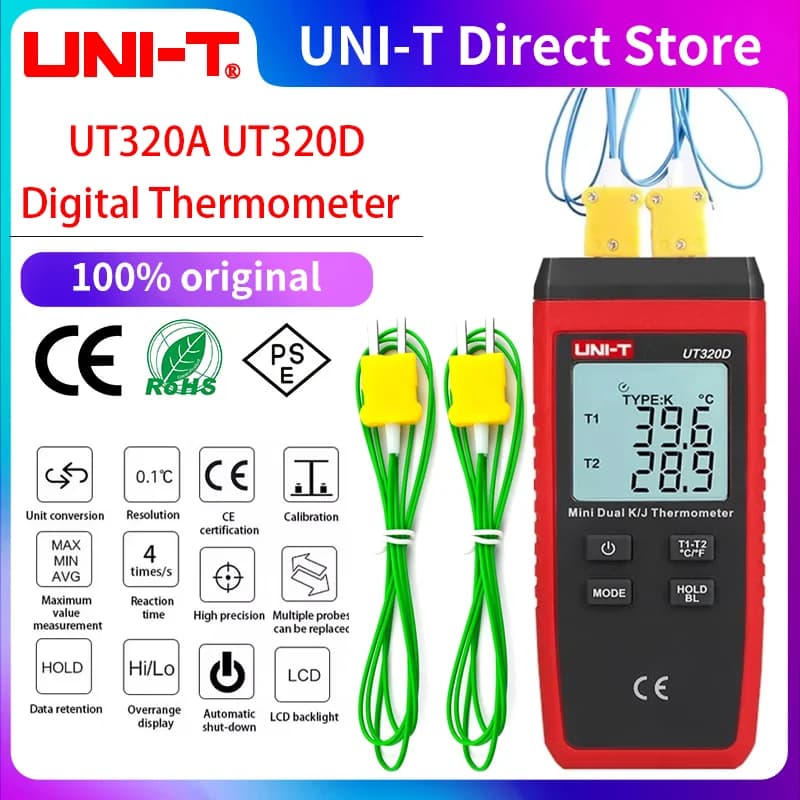 UNI-T UT320A UT320D Termometro digitale Mini termocoppia a doppio contatto Tipo K J Tester per misuratore ad alta temperatura -50 ℃ a 1200 ℃