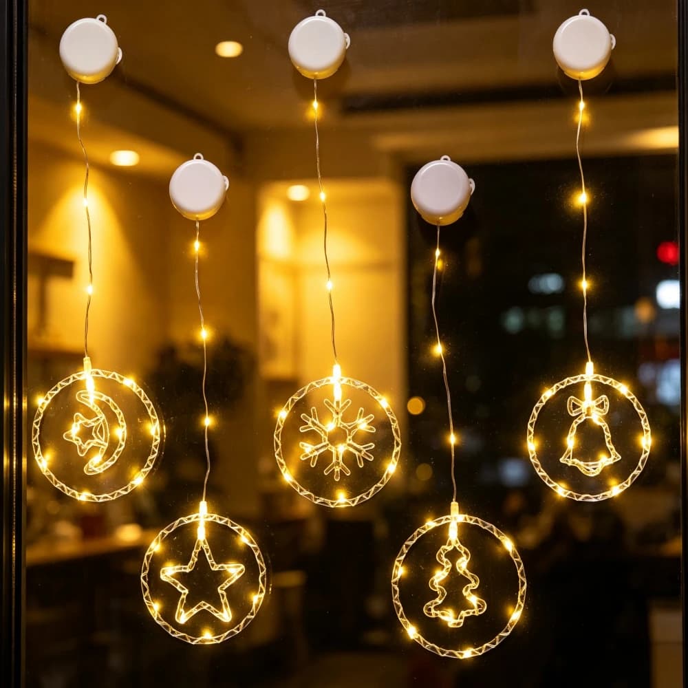 1/2PC LED Christmas Ring Window Light With Suction Cup, Battery Powered Fairy String, Indoor Party Wedding Garden Decoration