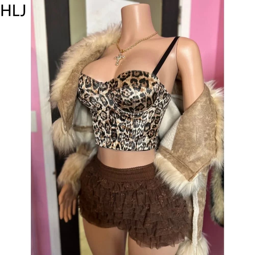 HLJ&GG Moda Leopardo Y2K Pizzo Increspato Gonne Pantaloncini Due Pezzi Set Donna Spaghetti Strap Crop Canotta e Minigonna Abiti