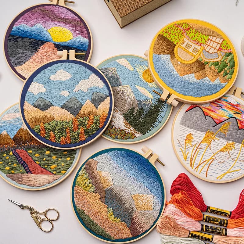 Set da ricamo paesaggistico fai-da-te, motivo stampato a cerchio per cucito, per principianti, set di punto croce, kit artigianale per cucito fatto a mano, decorazioni per la casa