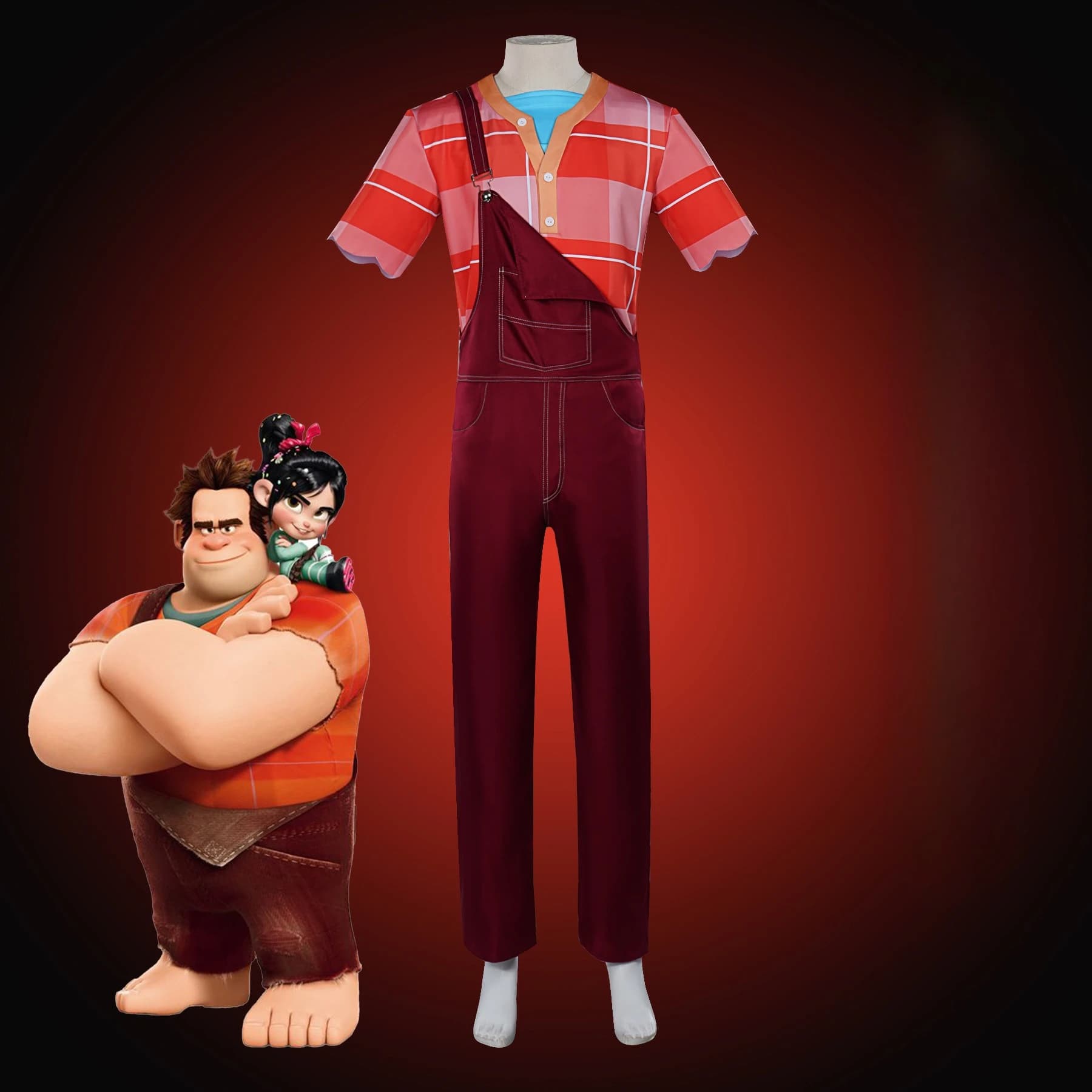 Costume Cosplay Anime Wreck It Ralph, Set T-shirt e Salopette per Uomini, Donne e Bambini, Costume per Halloween, Carnevale e Feste in Maschera