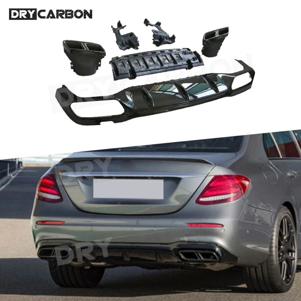 For E Class PP Rear Bumper Lip Diffuser with Exhaust Tips for Benz W213 E200 E300 E43 Sport Change to E63 for AMG look 2017-2019