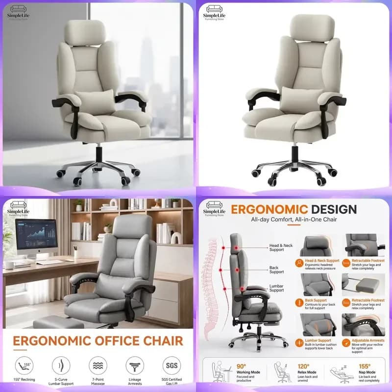 Ergonomic Office Chair Modern PU Leather Computer Desk Chair with Foam Backrest Foldable Home Gaming Chair for Long Sitting