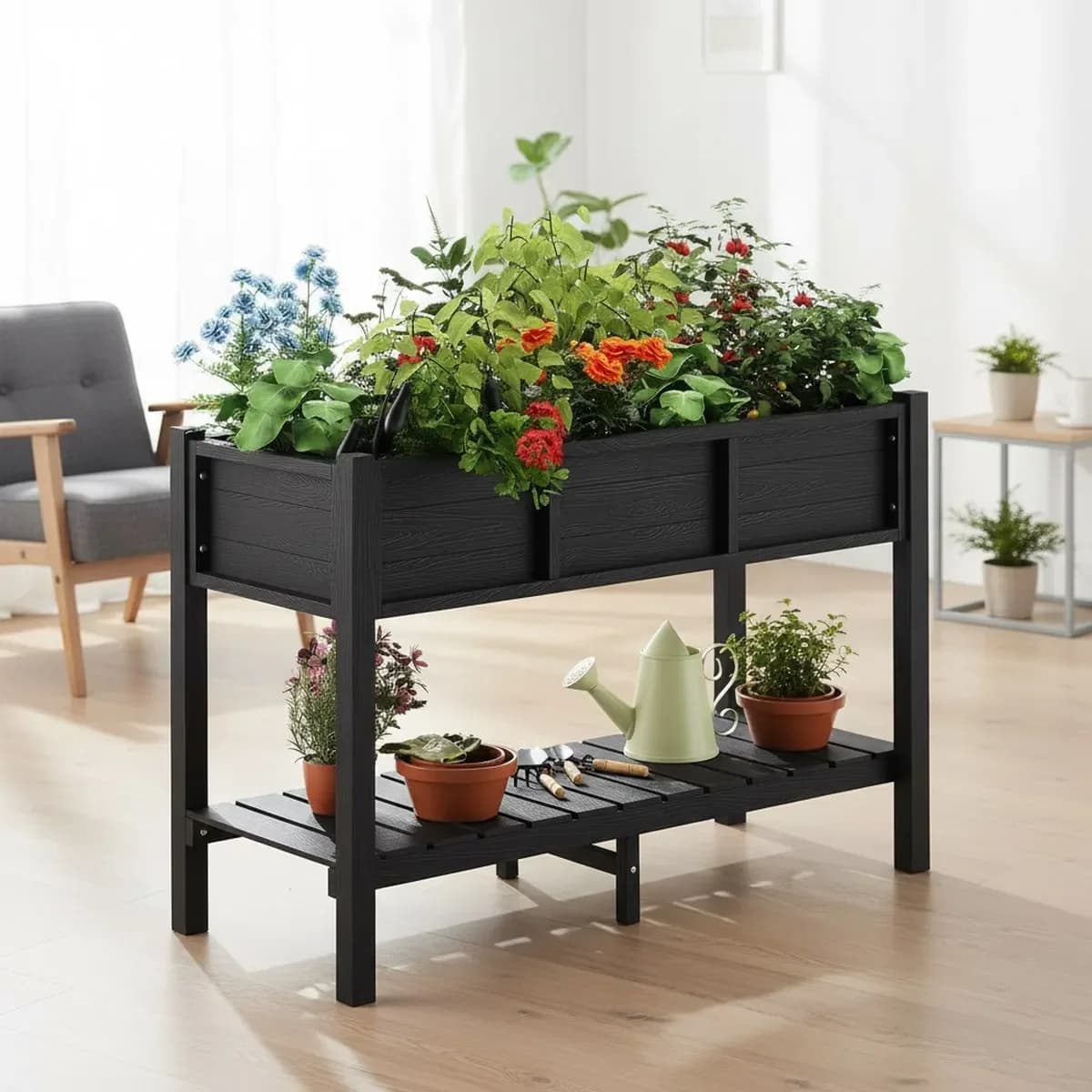 Elevated Planter Box Large Black Weather Resistant Outdoor Vegetable Herb Garden Bed with Storage Shelf