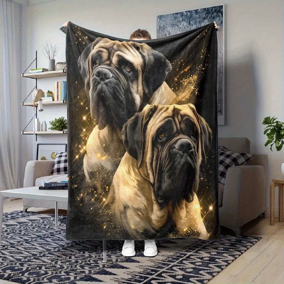 Coperta per animali domestici in morbido poliestere con motivo mastino per cani - Comodo lancio per tutte le stagioni con accenti glitter dorati, perfetta per la casa, l'ufficio