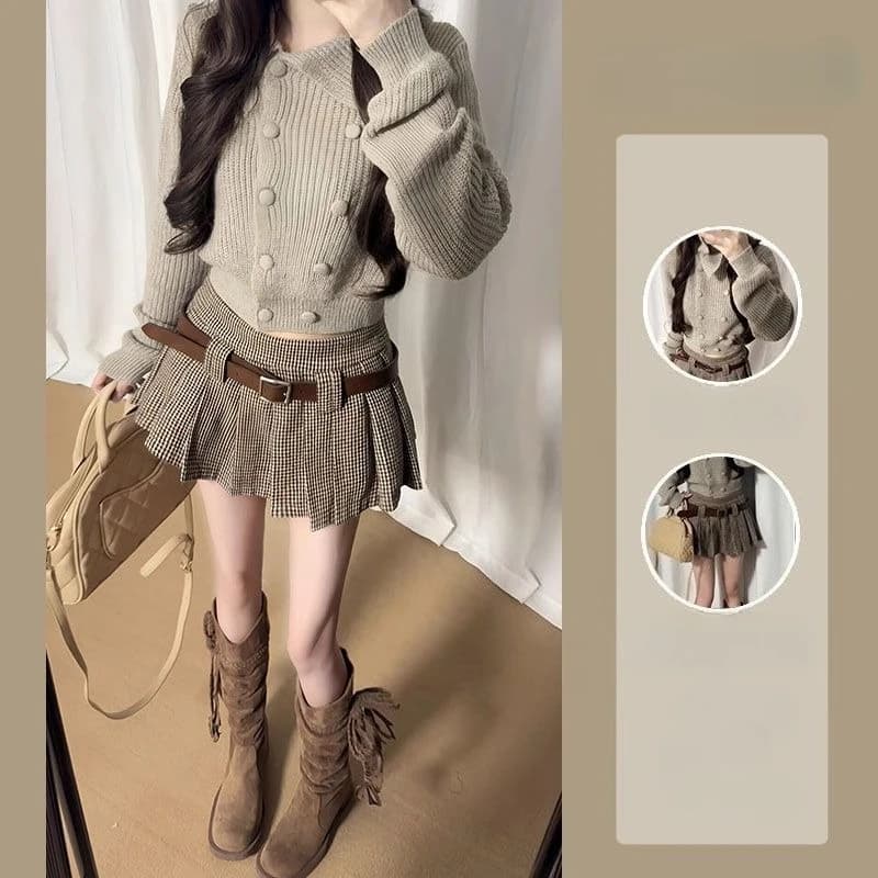 Autunno Winrer Sweet Hot Girl 2 pezzi Set Donna Casual Cardigan corto in maglia + Minigonna scozzese Y2k Elegante gonna moda Abiti Nuovo
