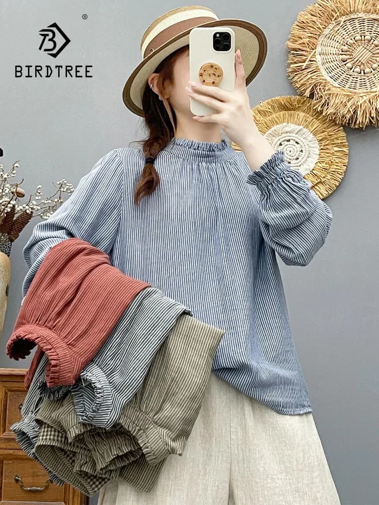 New 2026 Autumn Women Cotton Yarn Long Sleeve Shirt, Stand Striped, Mori Girl Retro Casual Skin-friendly Loose Blouse T68449CC