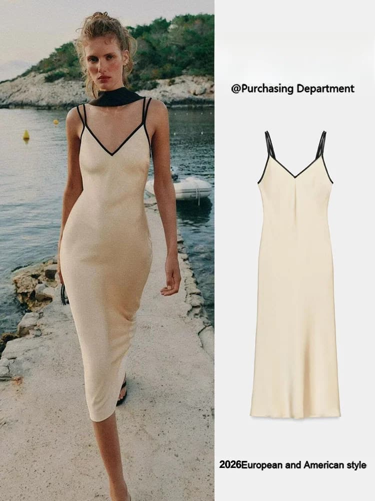 Summer New Arrival Women's Gown Elegantly V-Neck Color Block Satin Strapless Dress for Banquet Pure Color Party Gown