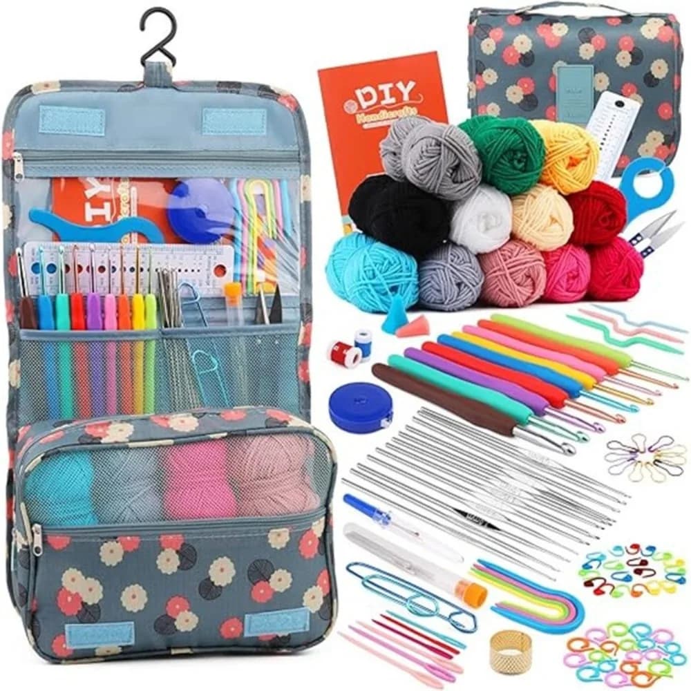 Set Completo di Accessori per Tessitura 130 Pezzi, Kit Uncinetto Fai-da-Te con 12 Rotoli di Filato, Set di Uncinetti con Borsa Portaoggetti, Multi-misura