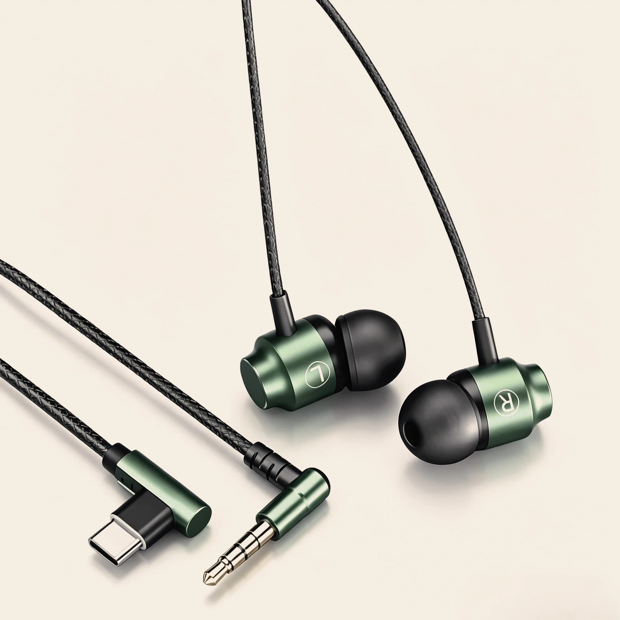 Cuffie In-Ear Cablate HiFi con Audio Surround, Microfono HD, Interfaccia 3.5mm e Type-C, Auricolari Portatili per Musica e Gaming