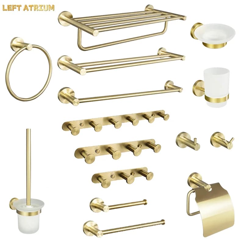 Brushed Gold Wall Mount Shelf Toilet Bath Hardware Paper Holder Towel Bar Rack Rail Rod Robe Hook Hanger Bathroom Accessories