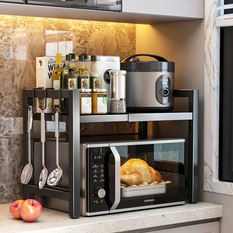 Mensola Espandibile per Microonde, Supporto per Microonde con 6 Ganci, Scaffale per Cucina, Ripiano per Cottura al Microonde, Estensibile 40-64cm