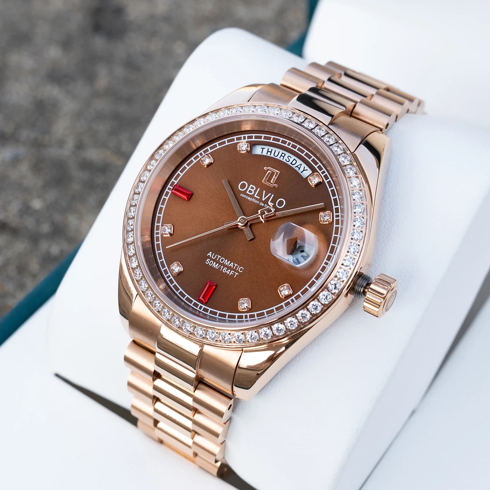 OBLVLO Orologio automatico da uomo con quadrante marrone di lusso, bracciale in oro rosa, data, diamanti, orologi meccanici impermeabili con giorno RX-DD-D