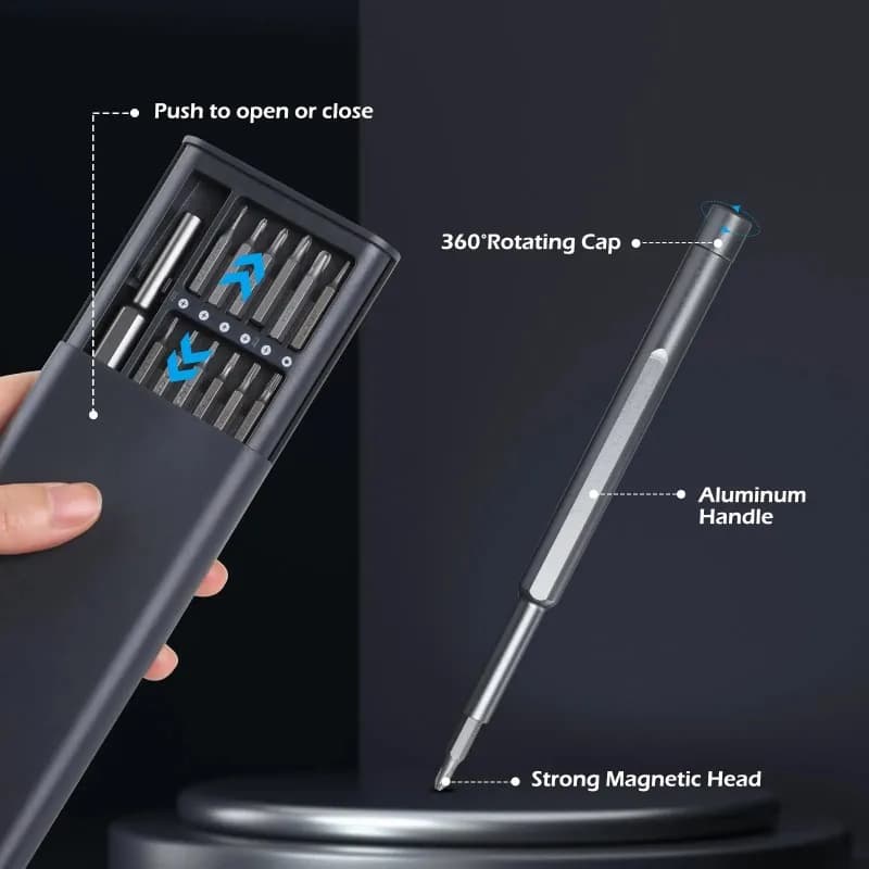 Set di Cacciaviti di Precisione 25 in 1 con Punte Magnetiche Phillips, Torx, Esagonali e Piatte per iPhone, PC, Orologi, Fotocamere e Occhiali
