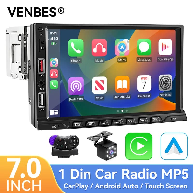 VENBES Autoradio 1 DIN Mirror Link Touchscreen Riproduzione multimediale da 7 pollici Telecamera di retromarcia Bluetooth USB TF FM Supporto CAN Bus