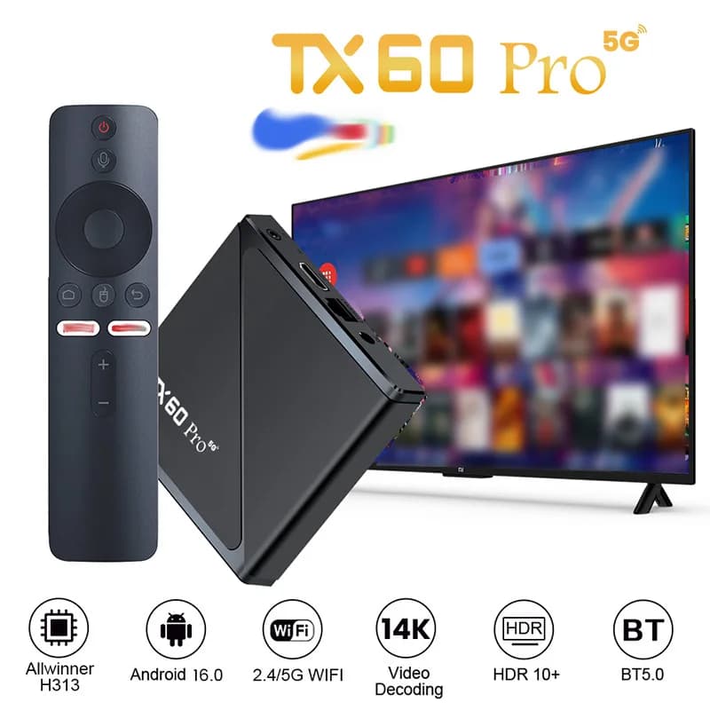 TX60 Pro Android TV Box H313 Quad Core 4K Ultra HD Dual Band WiFi Bluetooth 5.2 2GB RAM HDMI 2.0 Lettore Multimediale Streaming Stabile