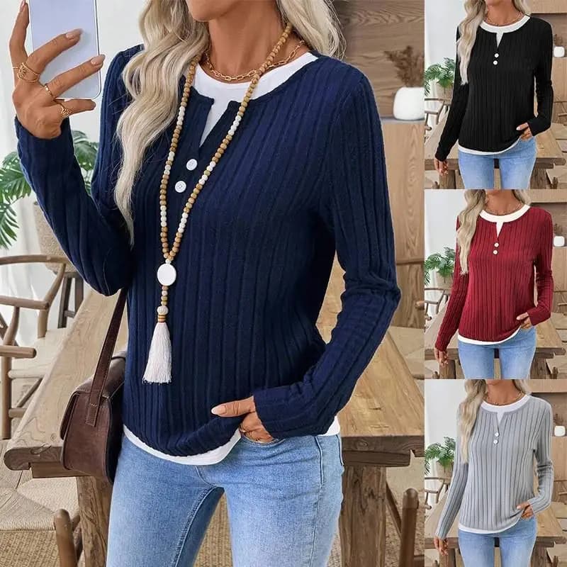 Elegant Women's Knitted Color Block Long Sleeve Shirt Stylish T-Shirt Versatile Fashionable And Comfortable Ladies' Top