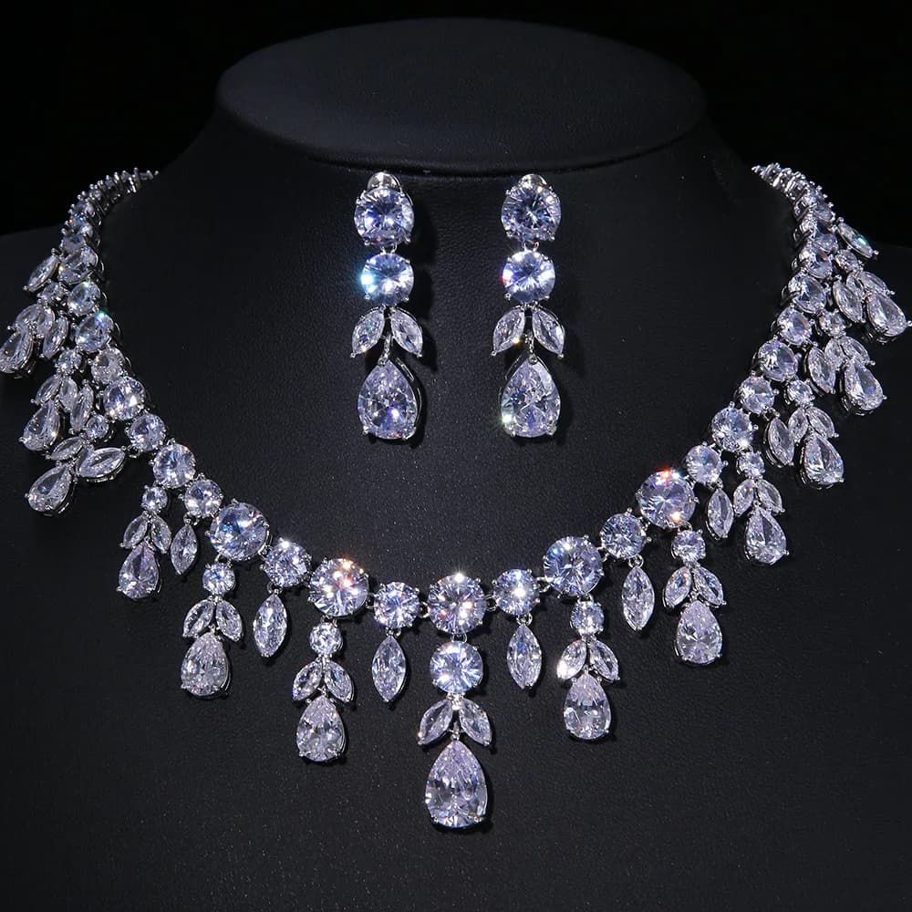 Wedding Bride Jewelry Sets Necklace Earrings Green Red Blue Zircon Water Drop Luxury Jewelry Women Dinner Party Gift