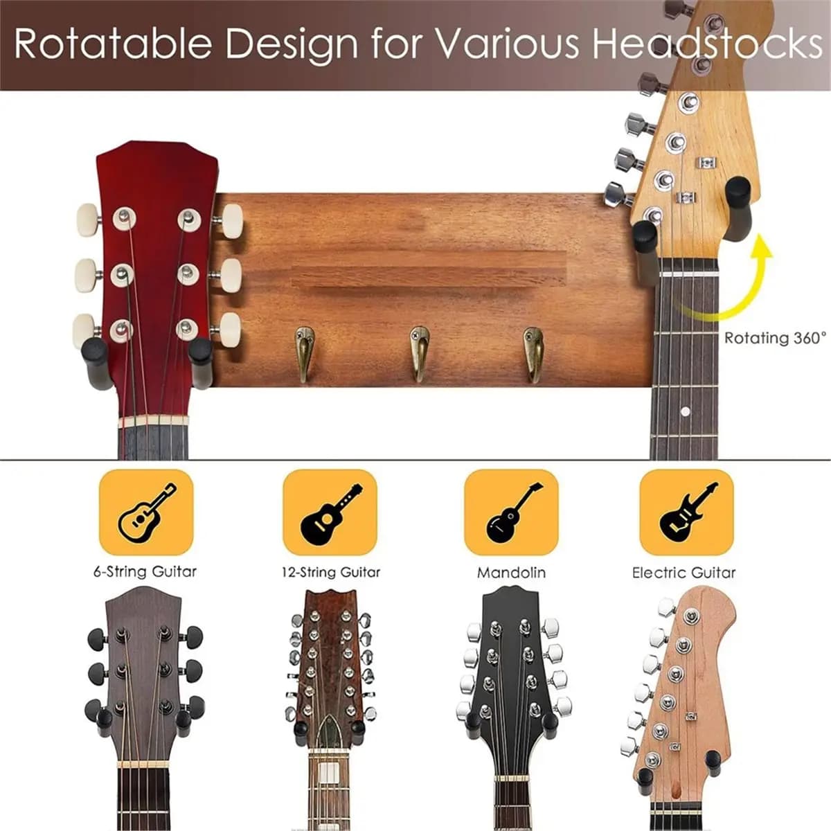 (ABYM) Guitar Wall Mount with Rotatable Hook, Wood Guitar Hanger with Shelf and Pick Holder, Wall Stand Rack for Acoustic