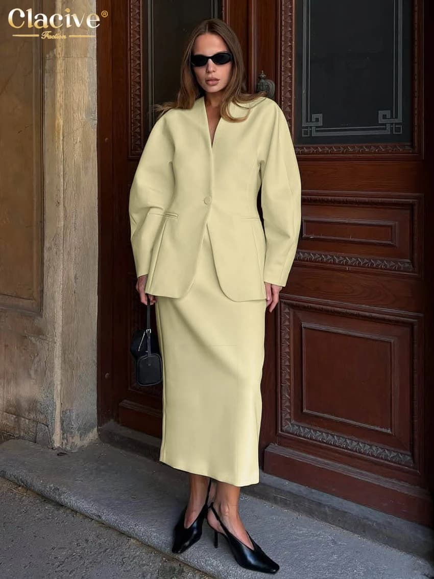 Clacive Fashion Allentato Blu Ufficio Abiti a due pezzi Donna 2025 Elegante giacca a maniche lunghe con gonna lunga a vita alta Set femminile