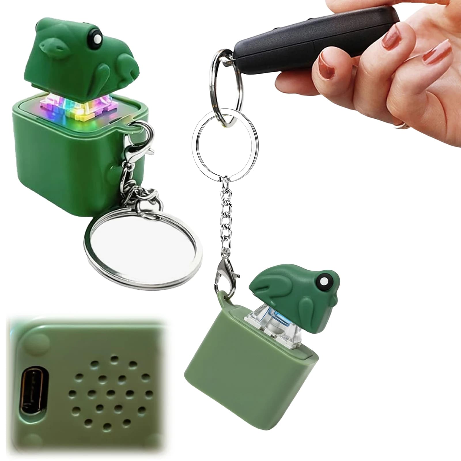 Clicker per Tastiera Ricaricabile a Forma di Rana, Giocattolo Antistress con Suono e Luci LED, Portachiavi Portatile con Pulsante a Scatto, Regalo per Bambini e Ragazzi