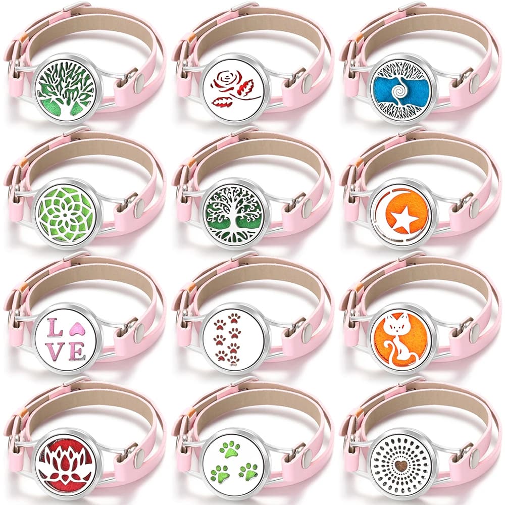 Aroma Girly Pink PU Leather Bracelet Spiral Open Essential Oil Diffuser Tree of Life Perfume Lockets Neutral Wristbands Jewelry