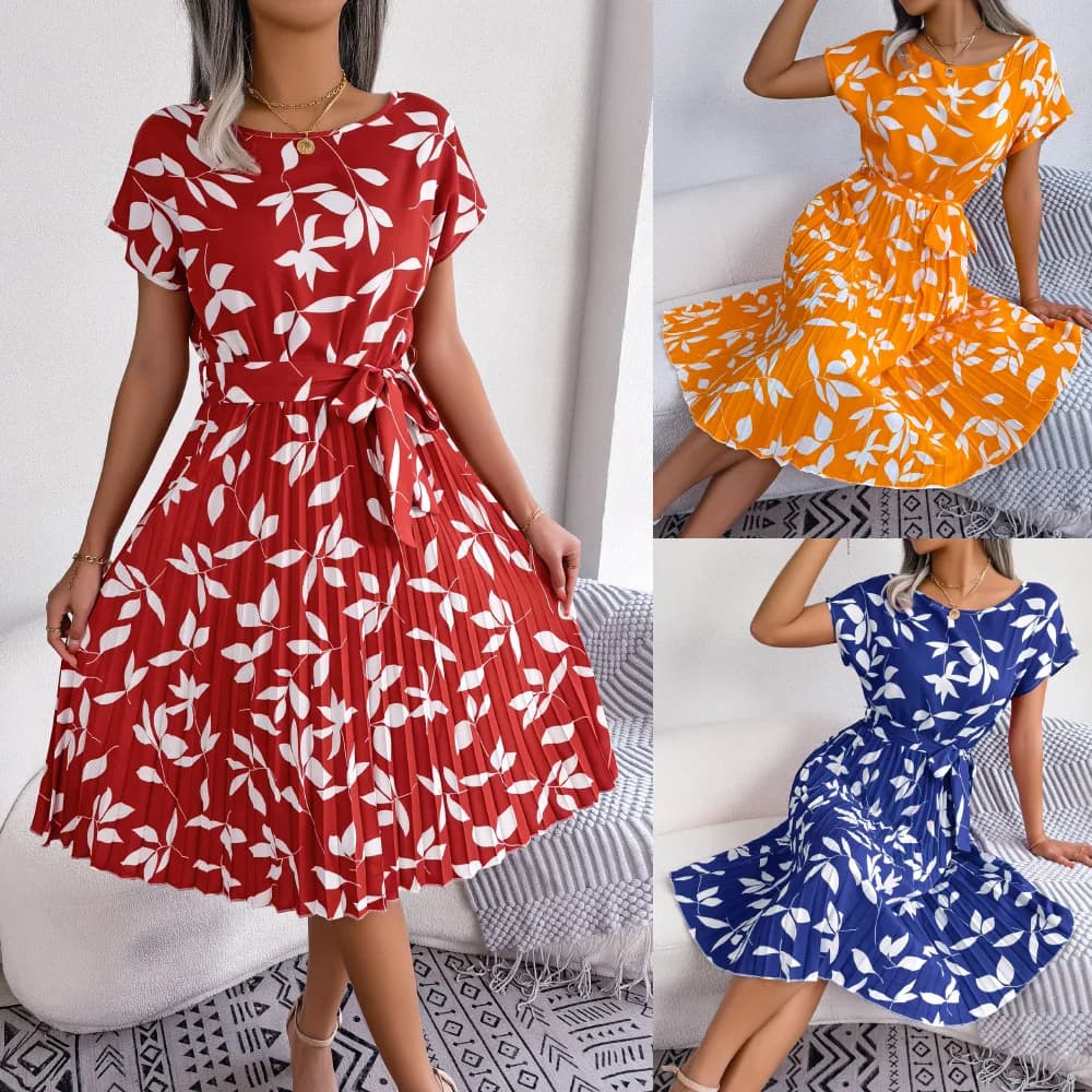Chic Ins Wind Casual Dress Women Vestidos Female Spring and Summer Casual Leaf Short-sleeved Big Pendulum Pleated Dress Y2K