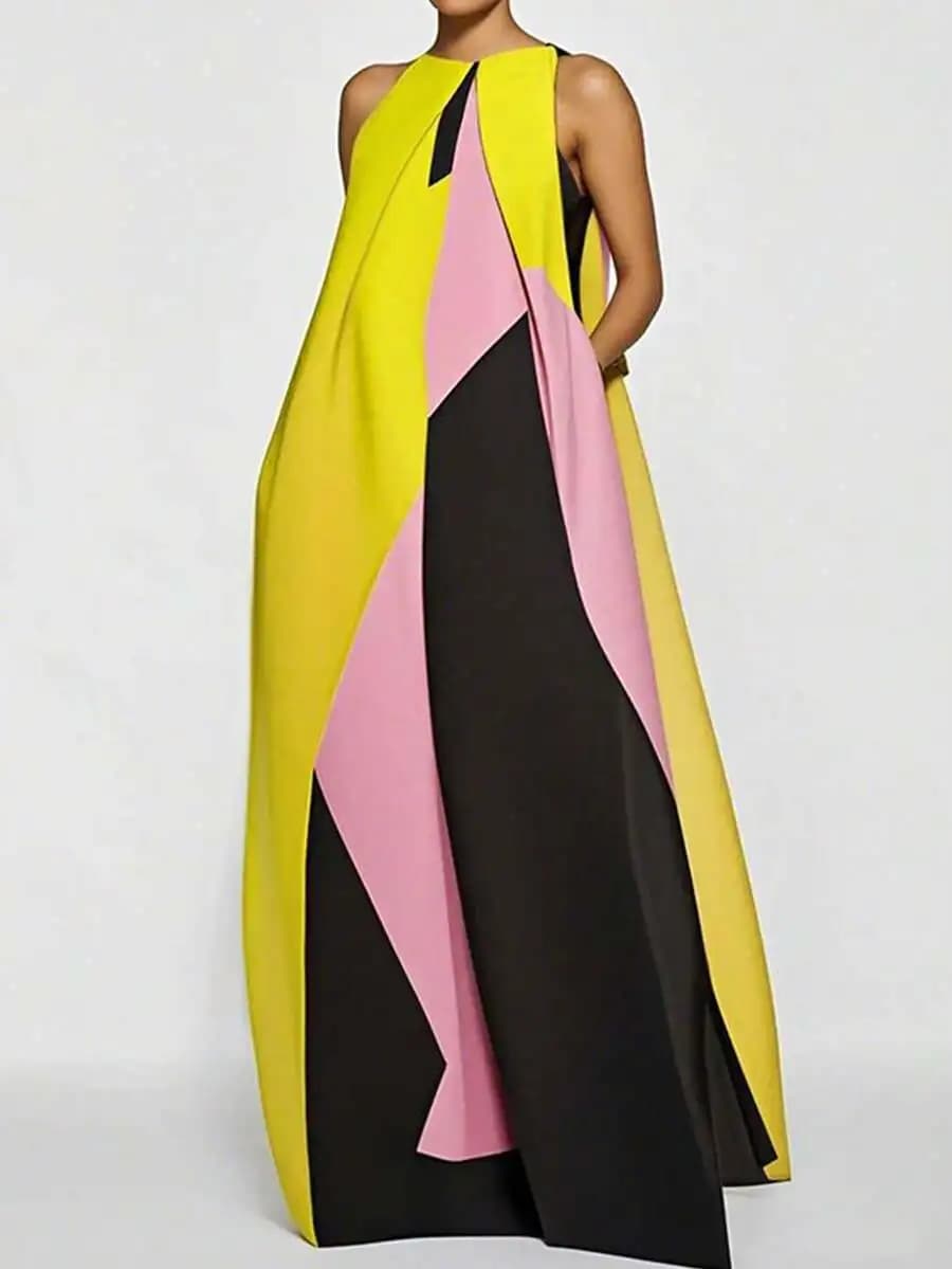 Women Color Block Maxi Dress Halter Neck Geometric Paneling Side Pockets Floor Length
