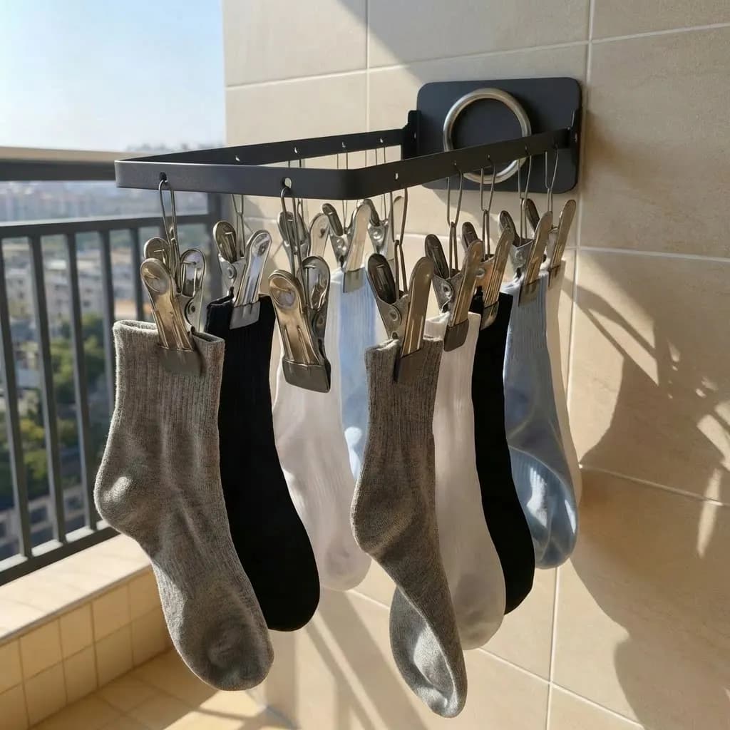 1 Pezzo Appendiabiti in Metallo Senza Foratura con 12 Clip, Molletta Antivento Anti-Caduta, Porta Biancheria Intima e Asciugamani Multifunzionale per Bagno