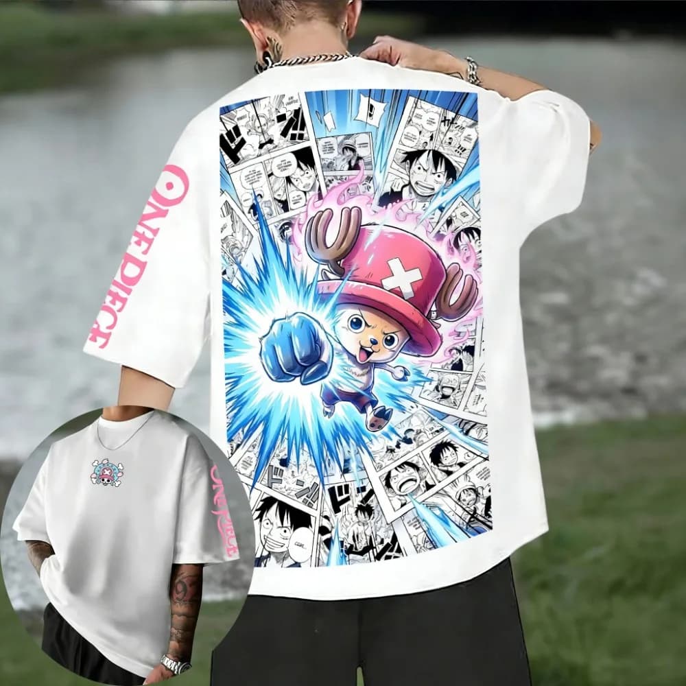 T-shirt Oversize Unisex in Puro Cotone con Stampa Anime Tony Chopper, Collezione Estate 2026, Stile Y2K Hip-hop Americano, Manica Corta