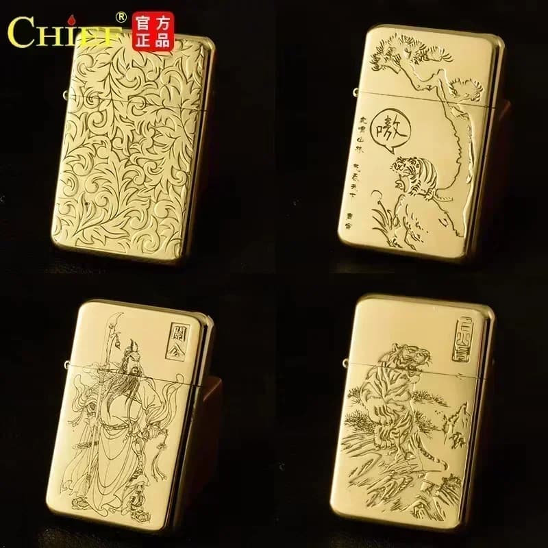 CHIEF Exquisite Brass Kerosene Lighter Slim Windproof Vintage Grinding Wheel Ignition Lighters Smoking Accessories Men's Gifts