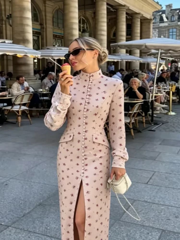 Elegant Ditsy Floral Print Bodycon Long Dress Ladies High Neck Long Sleeve Fake Pocket Thigh Split Cocktail Midi Dress