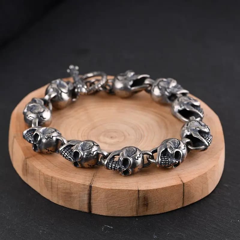 Bracciale a catena a maglie con teschio rock per uomo Regali per feste di gioielli punk in puro argento sterling 925