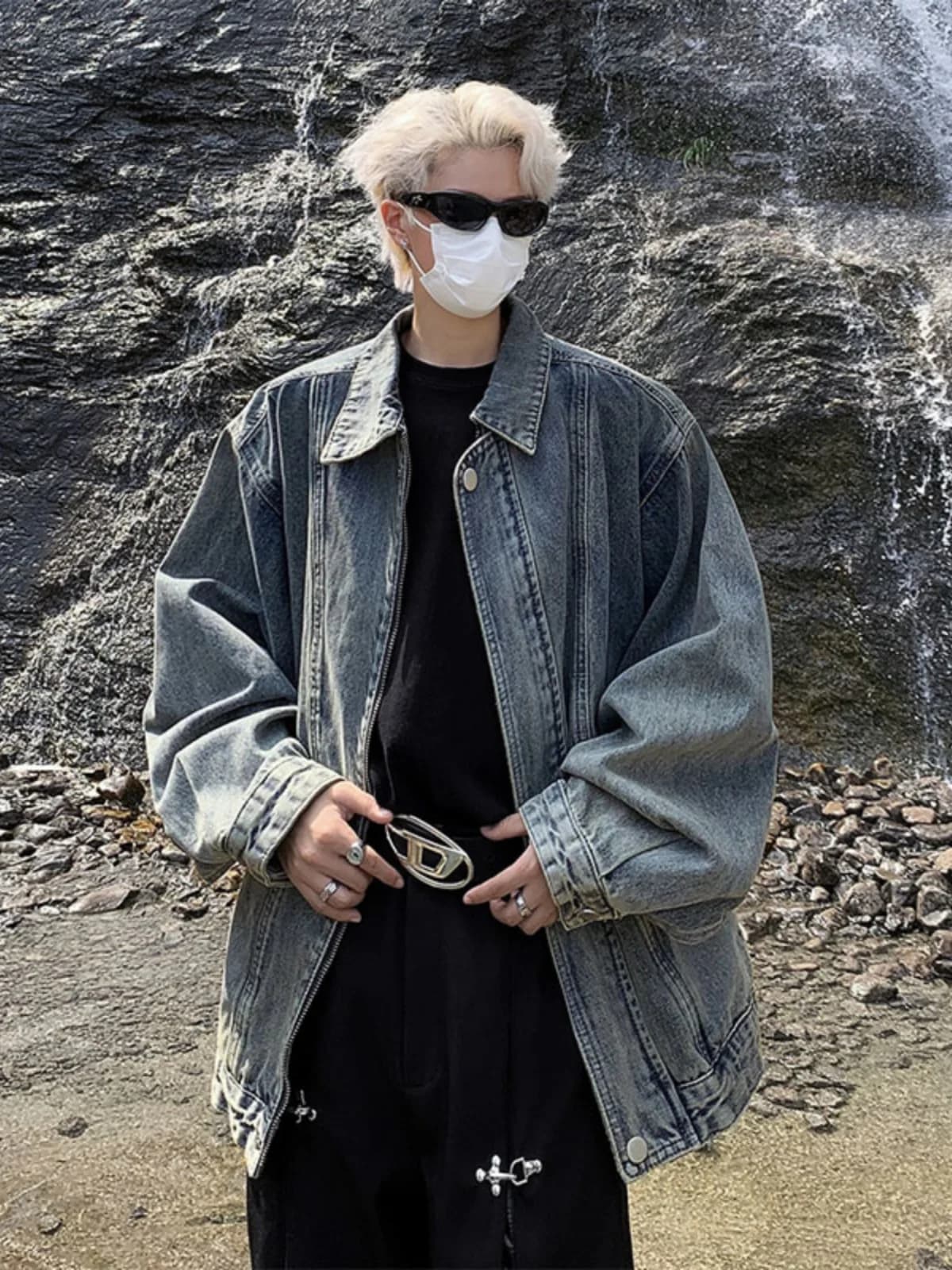 Giacca di Jeans con Zip alla Moda, Stile Streetwear, Casual, Effetto Vintage Americano, Cardigan Aperto con Colletto per Uomo