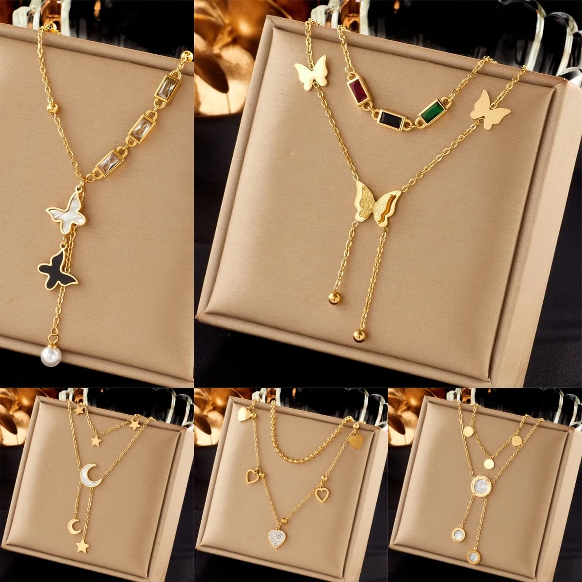 Set di Collane con Ciondolo a Nappa Multistrato in Acciaio Inossidabile, Catena alla Clavicola alla Moda per Donne con Resina di Vetro