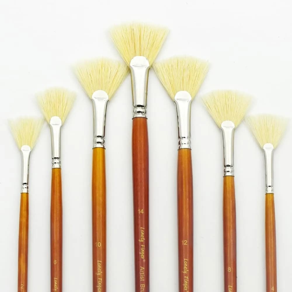 Paint Brushes Set, 7 Pieces White Hog Bristle Natural Hair Anti-Shedding Brush Tips and Long Wood Handle, Professional Artist Fan Brushes for Acrylic Oil Painting