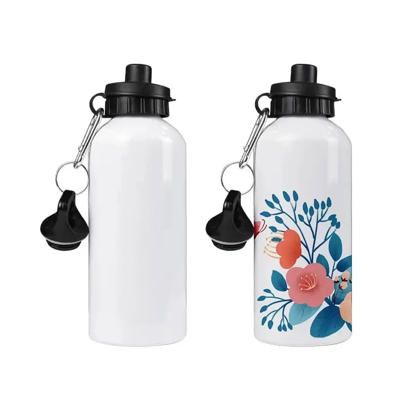 6 pz/lotto 400/500/600/750ml bottiglia d'acqua a sublimazione vuota bianca con moschettone bollitore a tenuta stagna in alluminio con due coperchi