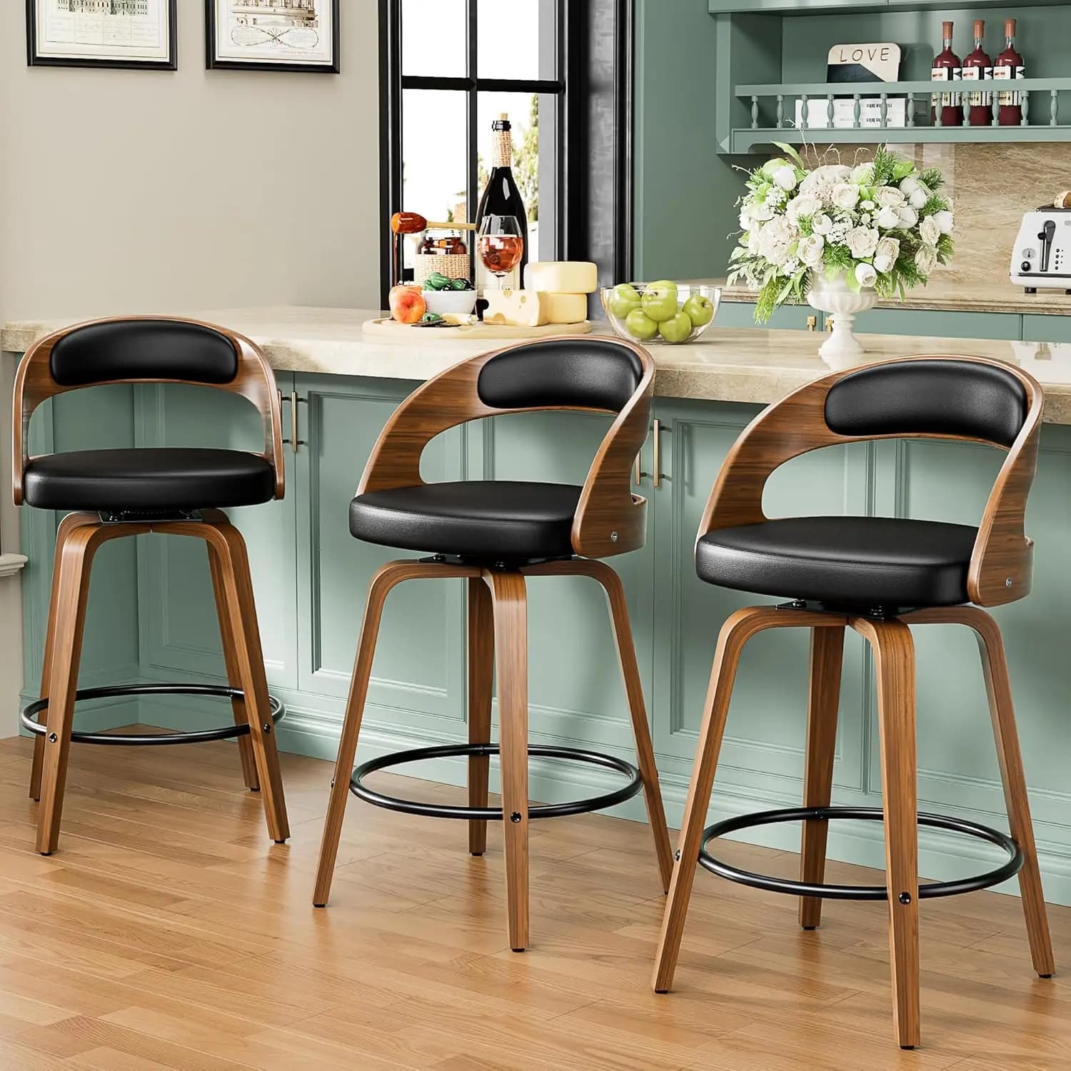 Set di 3 Sgabelli da Bar, Altezza 26 Pollici, con Gambe in Legno Curvato, Girevoli con Schienale, Stile Mid-Century, Personalizzabili