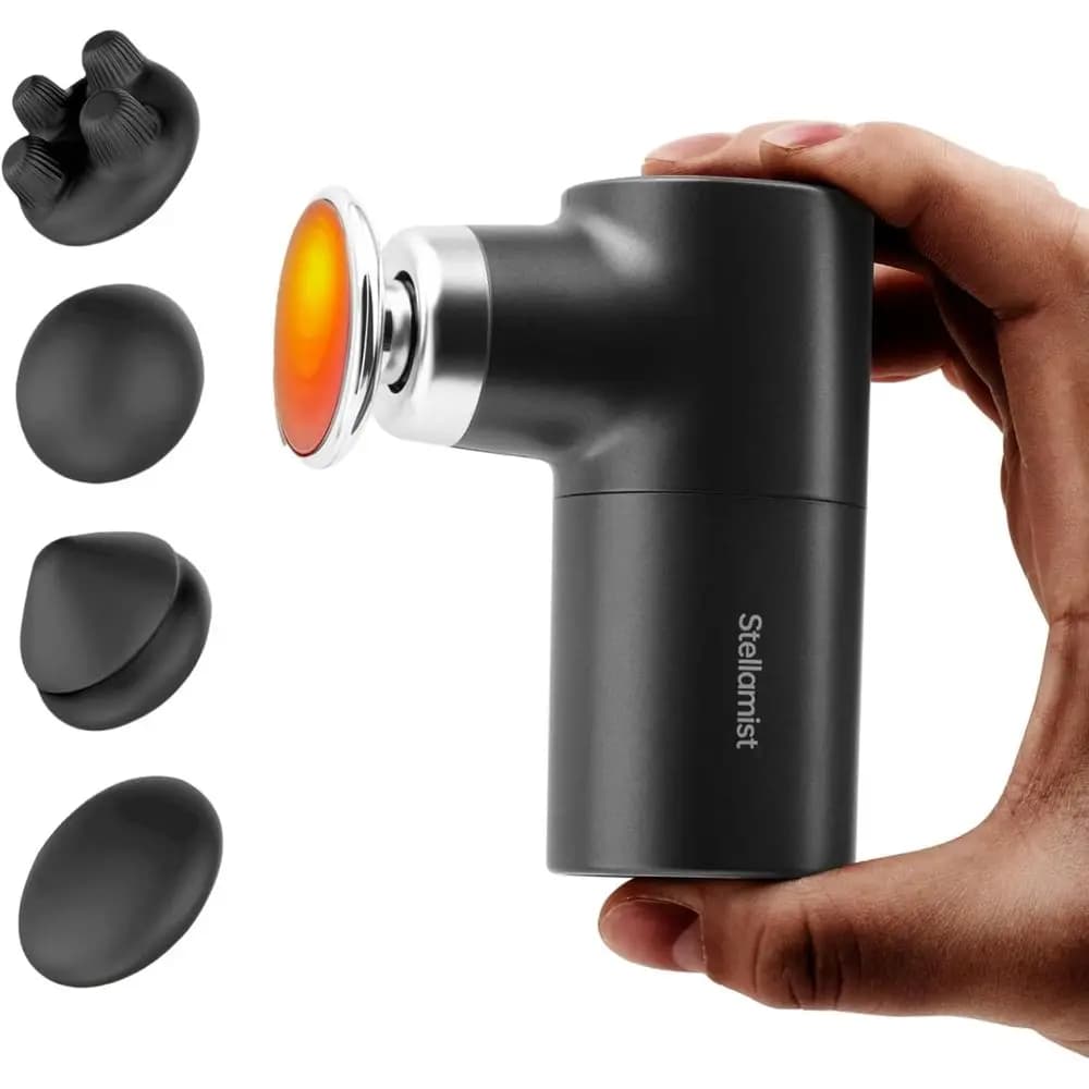 Mini deep tissue massage gun, portable massage gun with heat, portable percussion muscle massager with 4 massages or