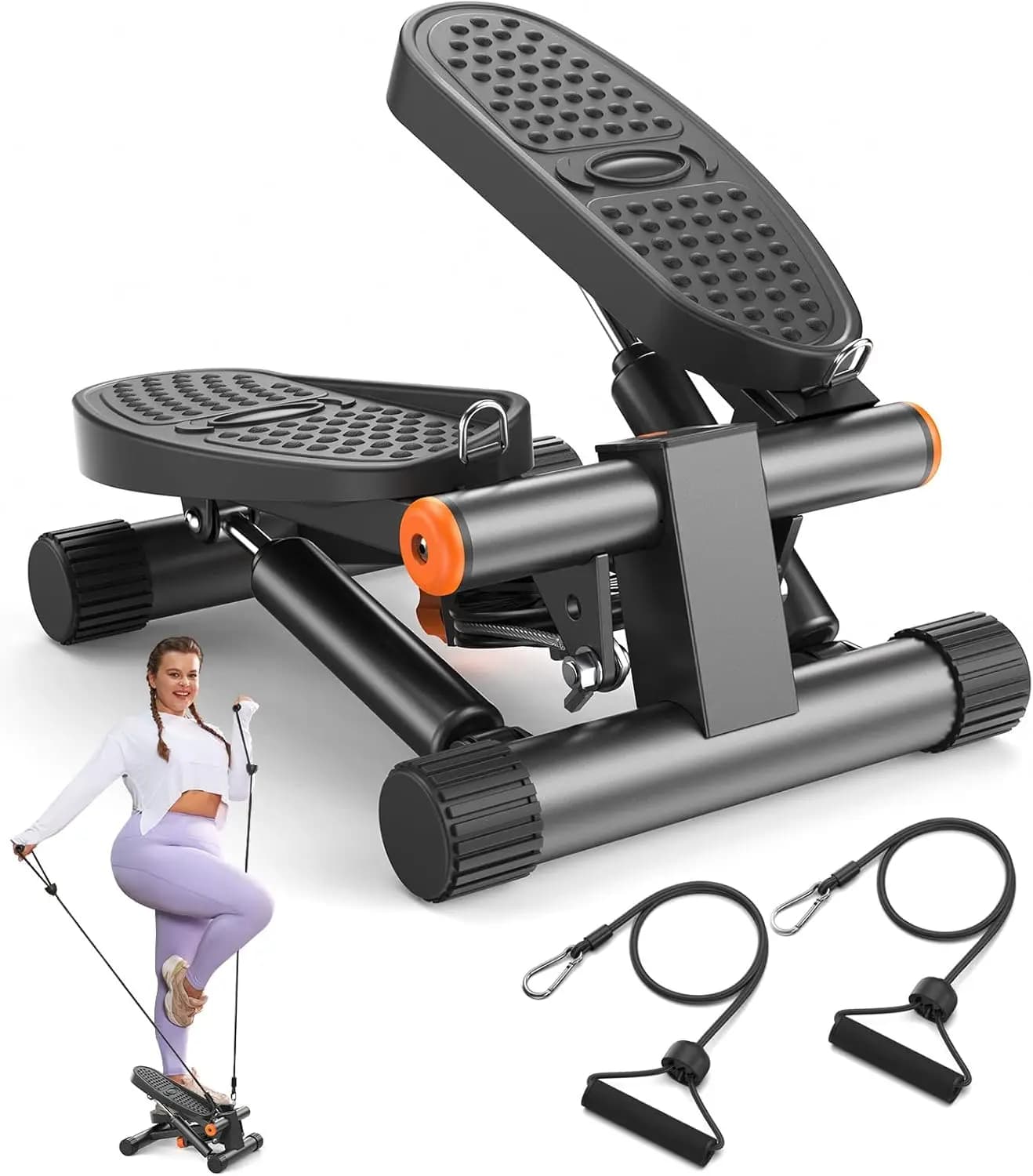 Hydraulic Stepper for Fitness with LCD Monitor, Resistance Bands, 300 LBS Capacity for Home Exercises
