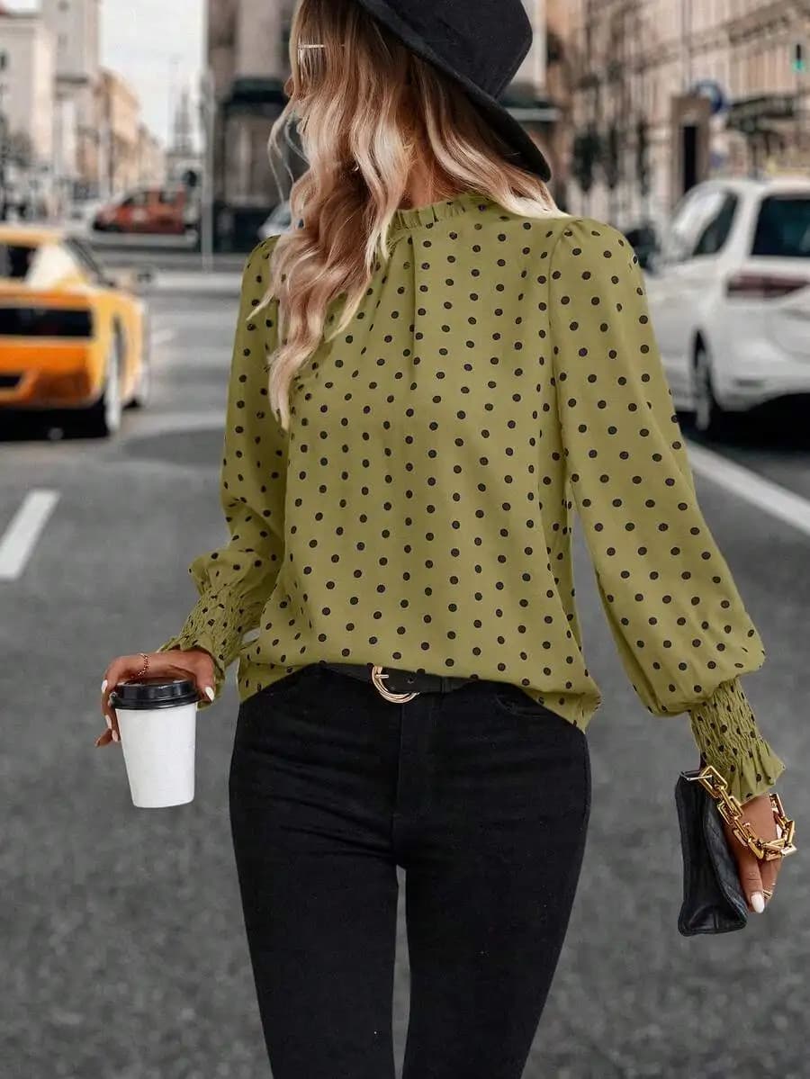 Camicetta casual a pois con maniche a sbuffo e maniche lunghe da donna