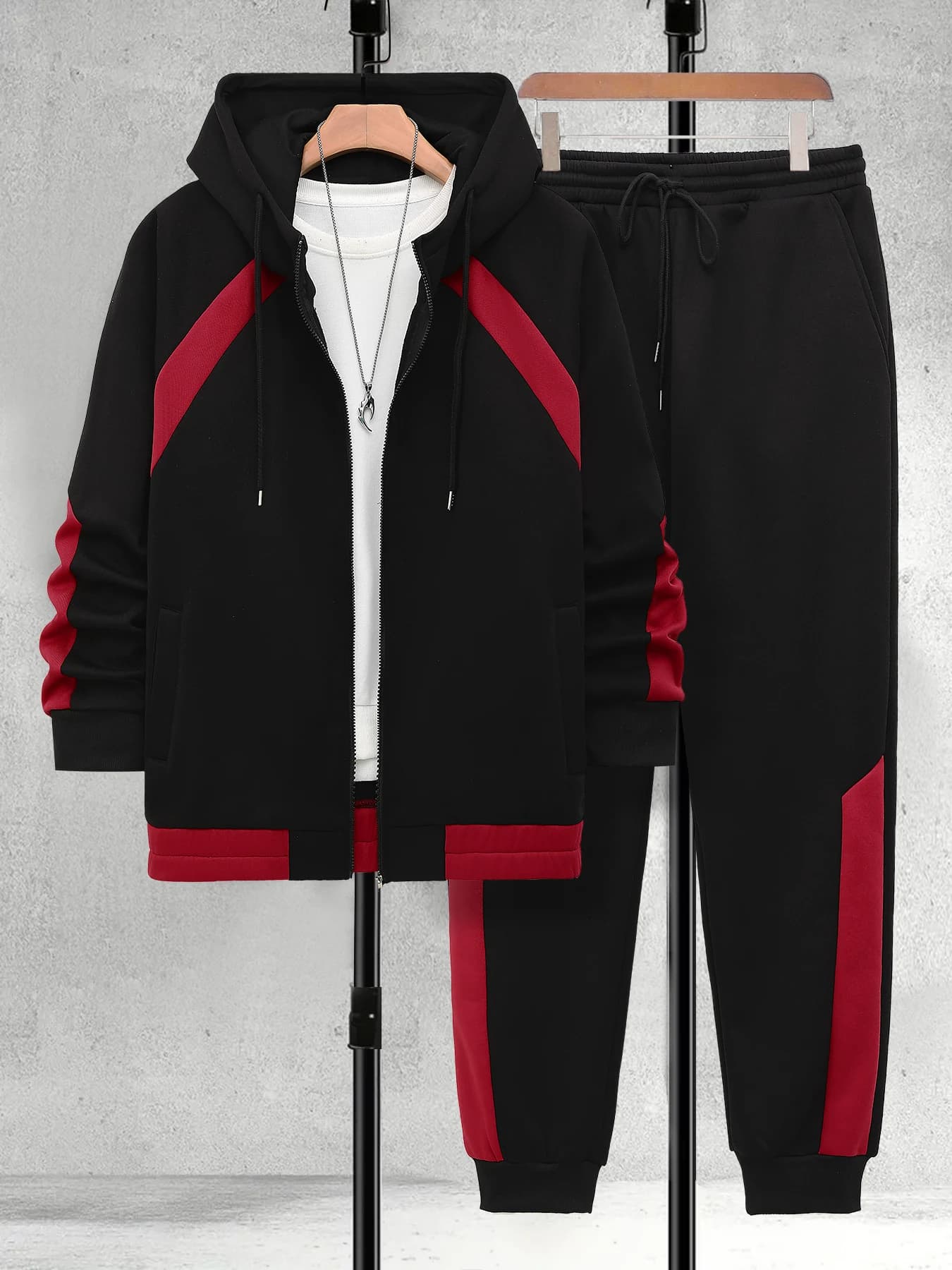 Men's sports suit Plus Sizes, Black and Red, 2 Pieces: Jogger Zip and Pants sweatshirt
