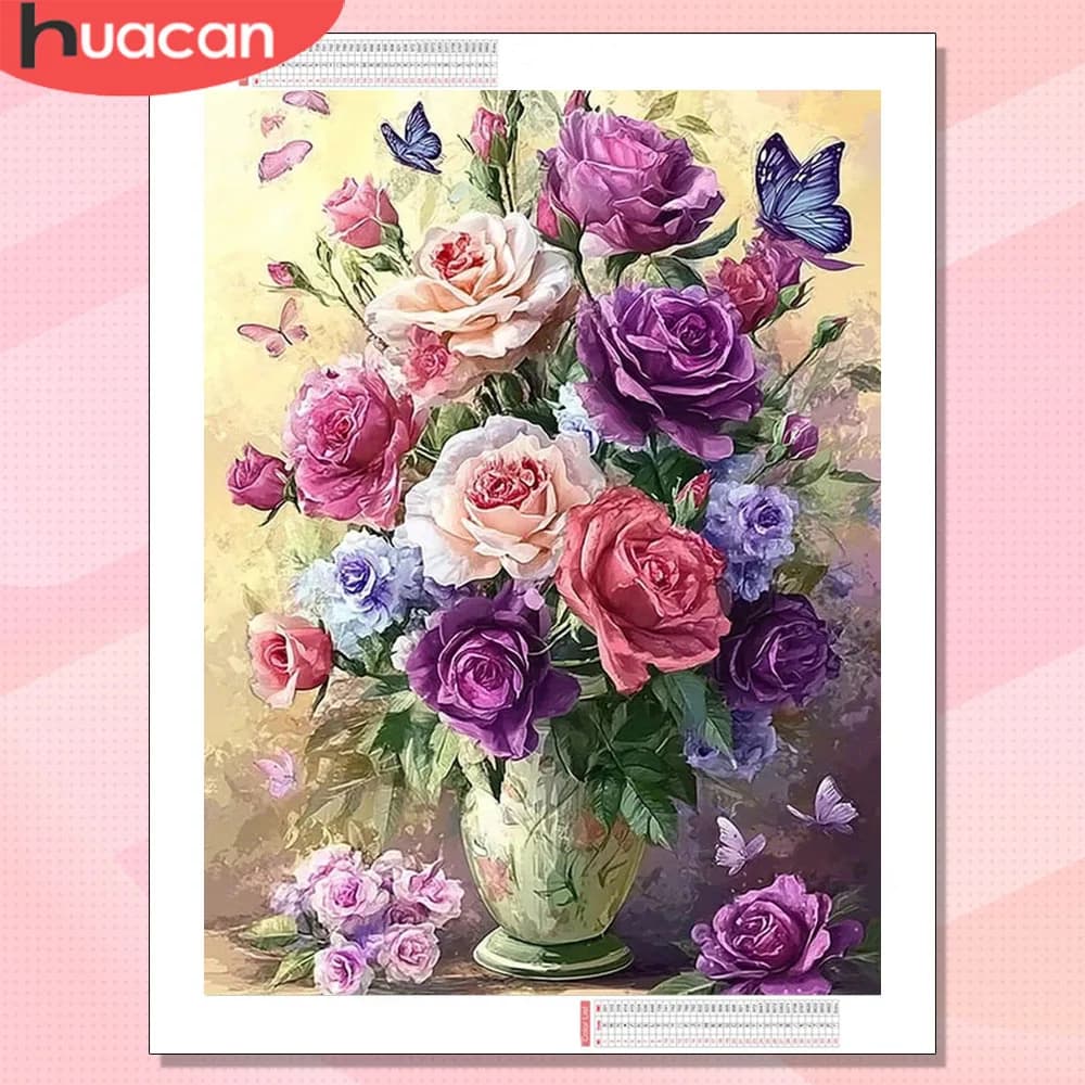HUACAN Diamond Painting: Mosaico Floreale con Diamanti a Forma di Rosa, Decorazione Murale Completa con Diamanti Quadrati o Rotondi