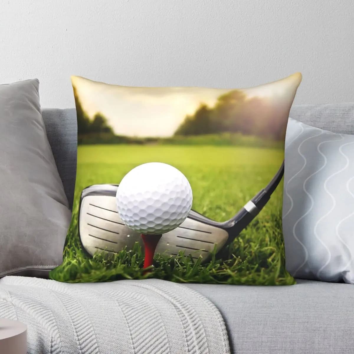Federa per cuscino quadrata con stampa mazze da golf e palline da golf, in poliestere, lino e velluto, con cerniera decorativa, per cuscini da divano e decorazione d'interni