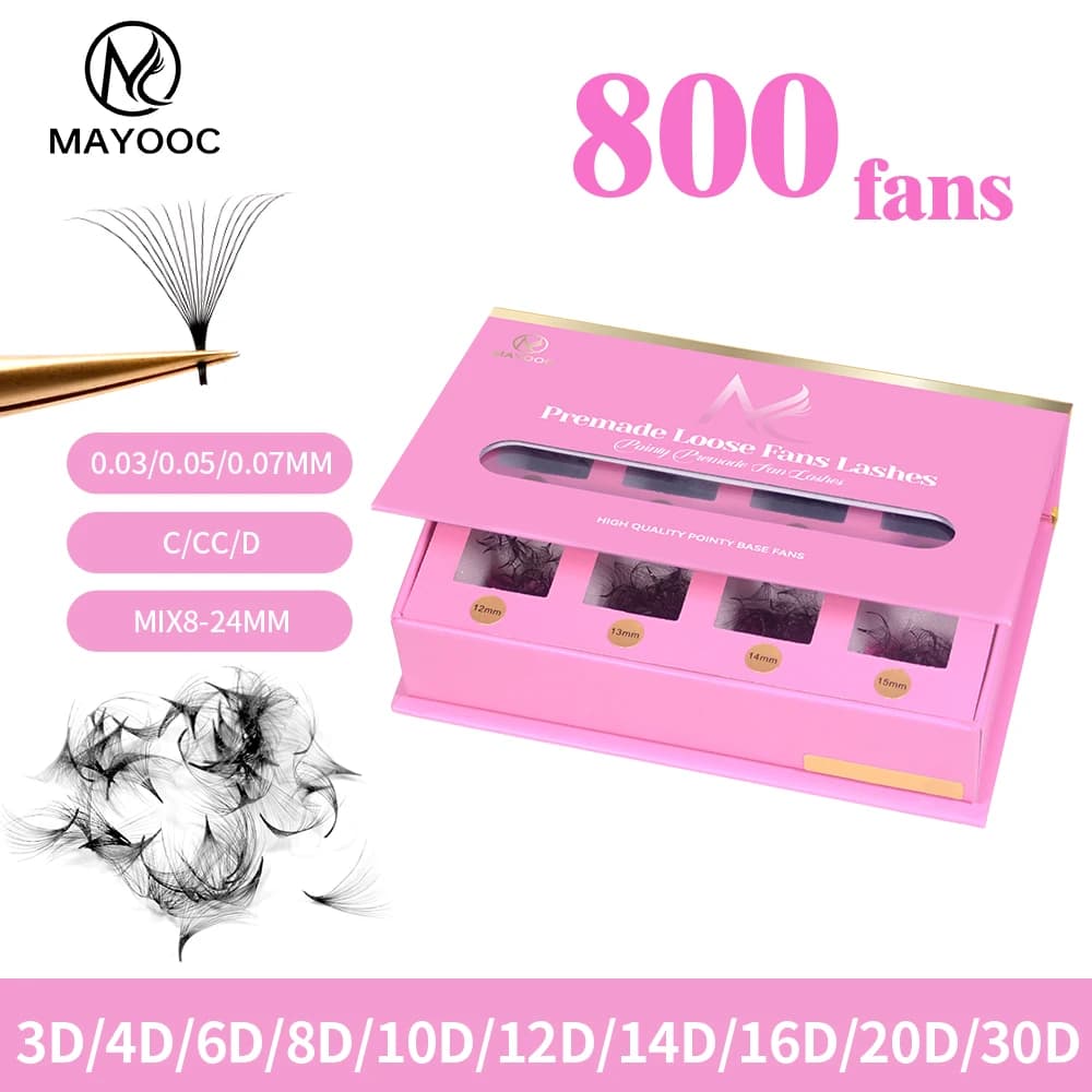 MAYOOC 800 Ventole Ciglia a ventaglio sciolte Estensioni ciglia 3D/6D/10D/20D Base a punta Ciglia a ventaglio prefabbricate Volume russo Lash logo personalizzato