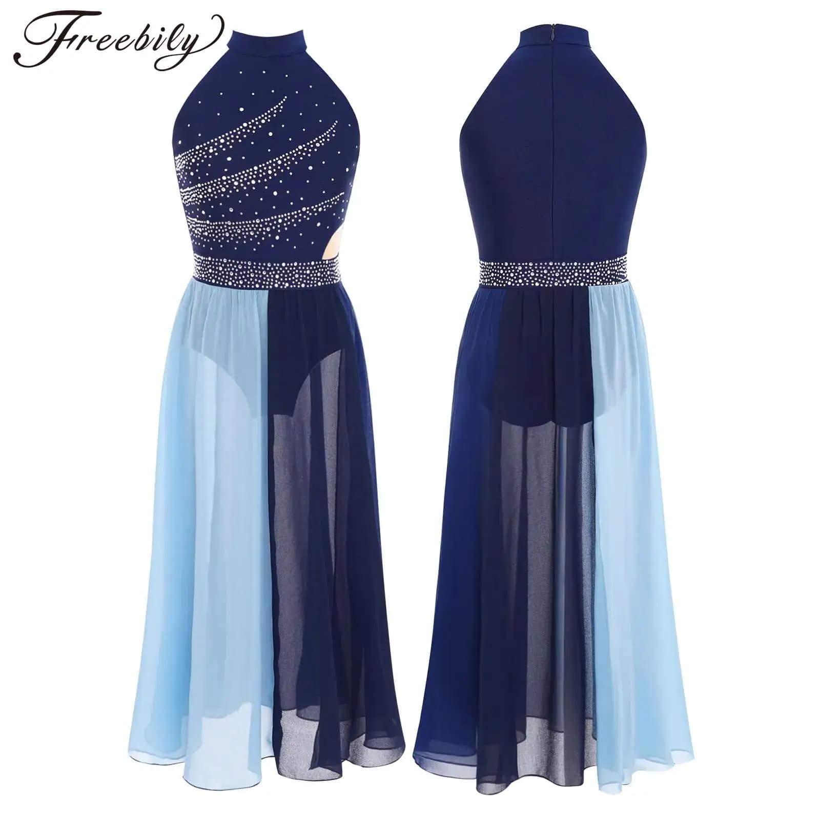 Abito da ballo lirico moderno per bambina, senza maniche, con strass lucidi, body in chiffon diviso, per ginnastica di pattinaggio